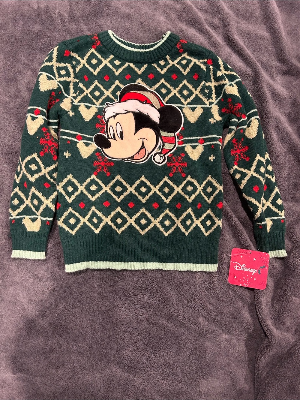 Disney Dark Green Mickey Mouse Holiday Crew Sweater with Red & Cream Accents